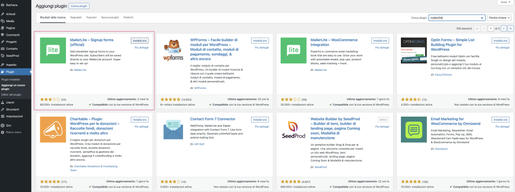 Il plugin MailerLite SignUp forms nella repository di WordPress