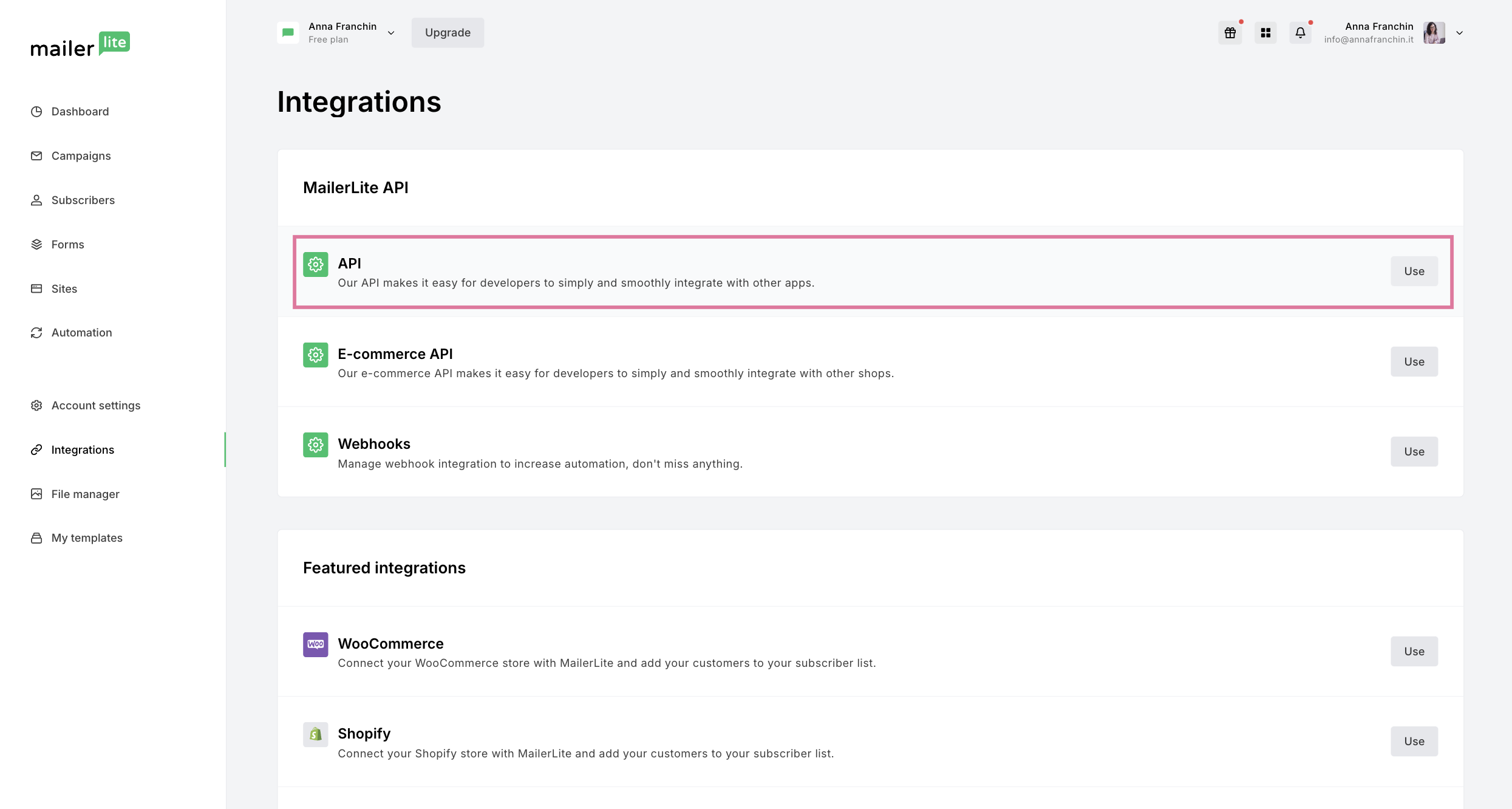 Attivare chiave API in MailerLite