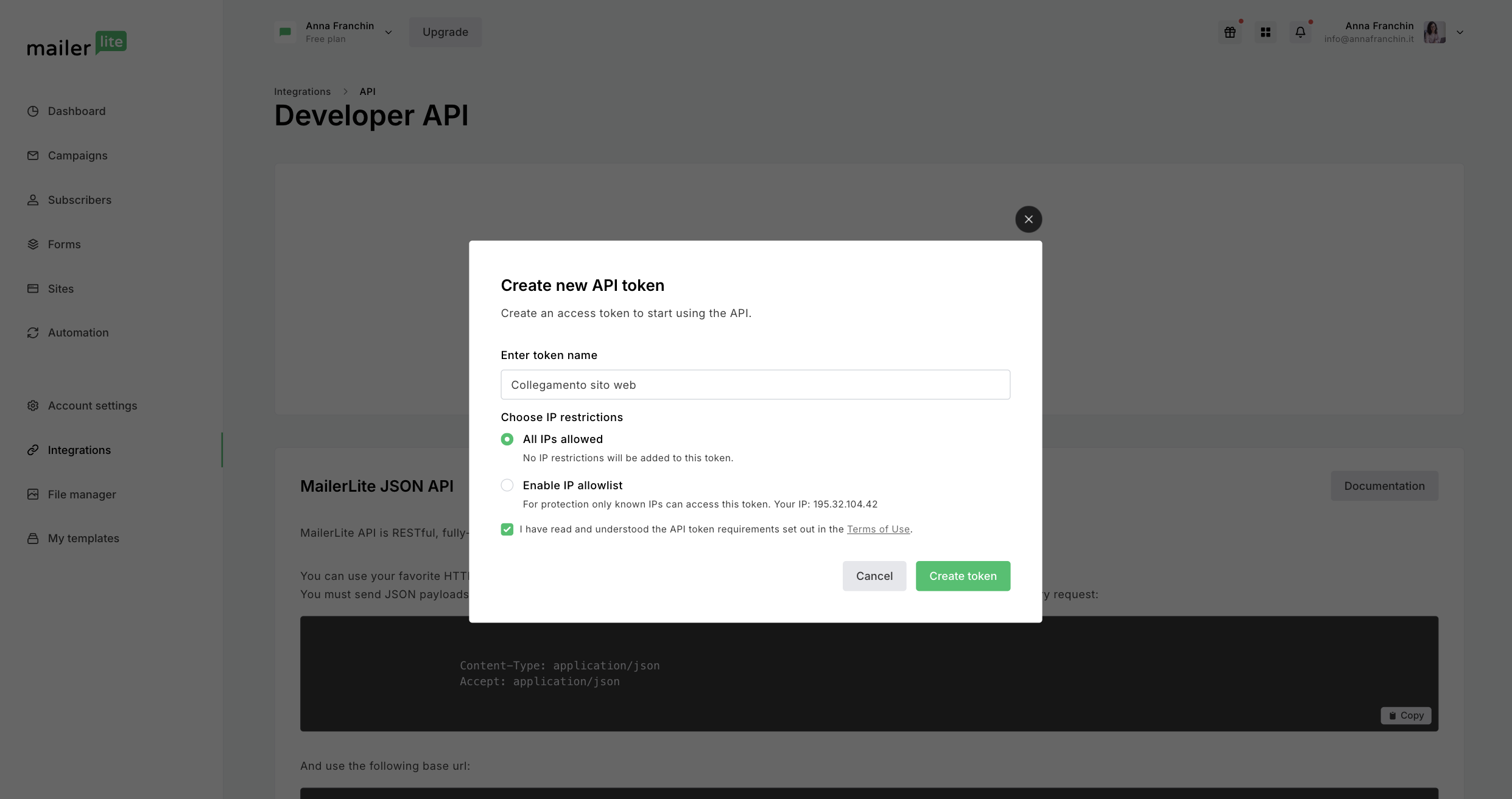 Attivare chiave API in MailerLite