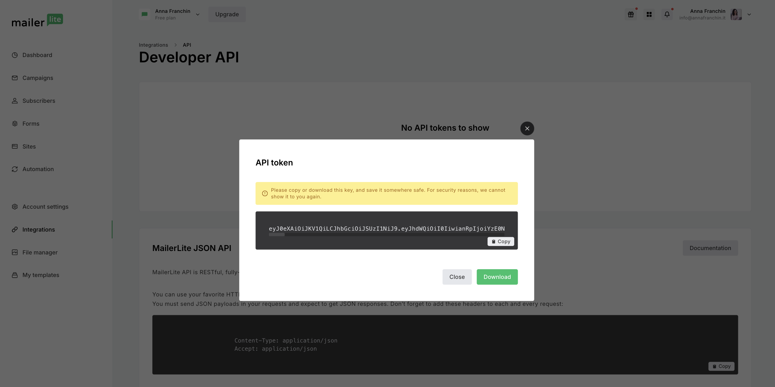 Selezionare chiave API in MailerLite